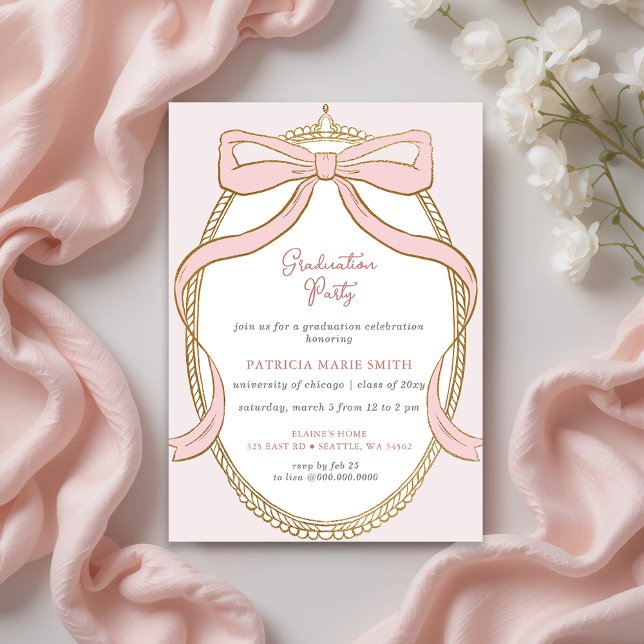 Rosa Bow Coquette Photo Studentfest Inbjudningar (Pink Bow Coquette Photo Graduation Party Invitation)