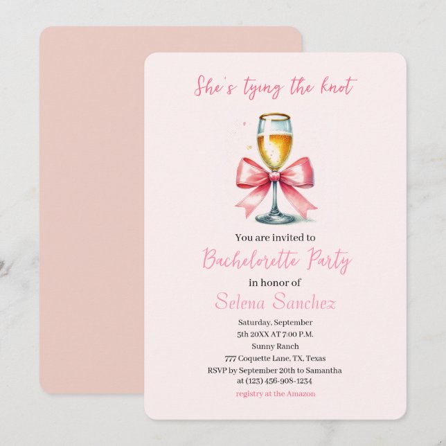 Rosa Bow Coquette Prosecco Bachelorette Party Inbjudningar (Fram/baksida)