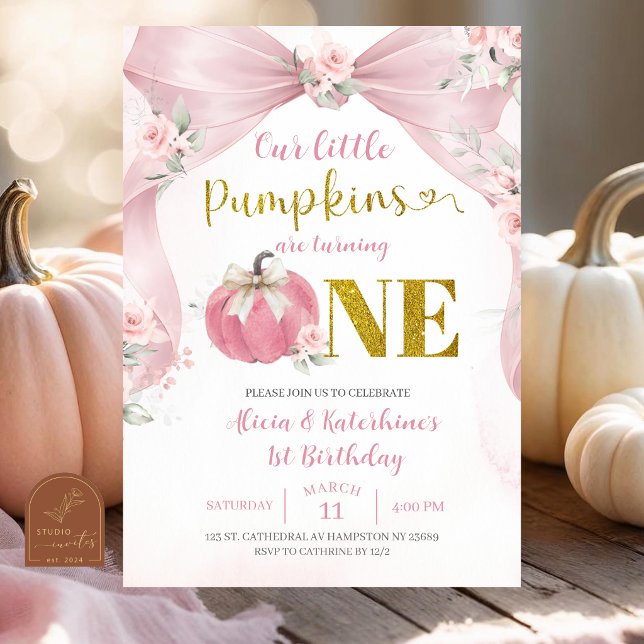 Rosa Bow Coquette Pumpkin 1-årsfest Inbjudningar (Skapare uppladdad)
