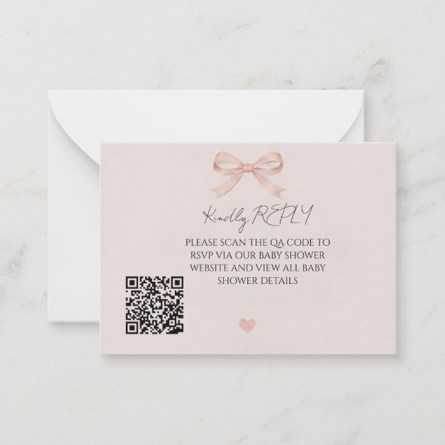Rosa Bow Coquette QR-kod RSVP Anteckningskort (Framsida)