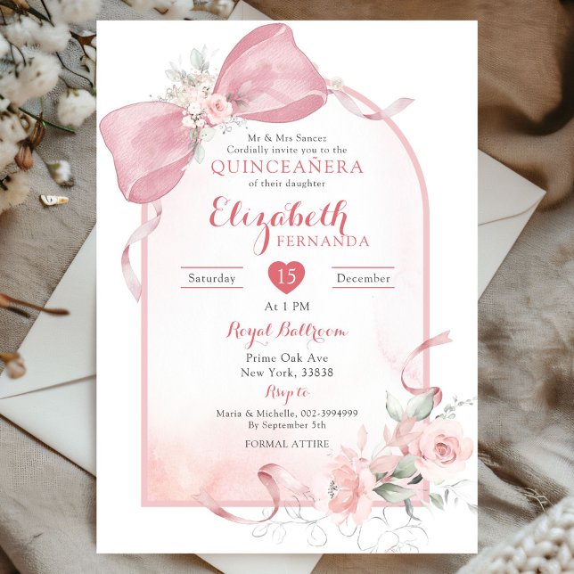  Rosa Bow Coquette Ribbon Arch Quinceanera Inbjudningar (Skapare uppladdad)