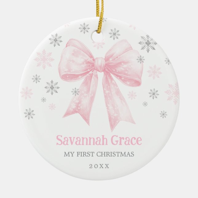 Rosa Bow Coquette Ribbon Flicka 1:a jul Julgransprydnad Keramik (Framsidan)