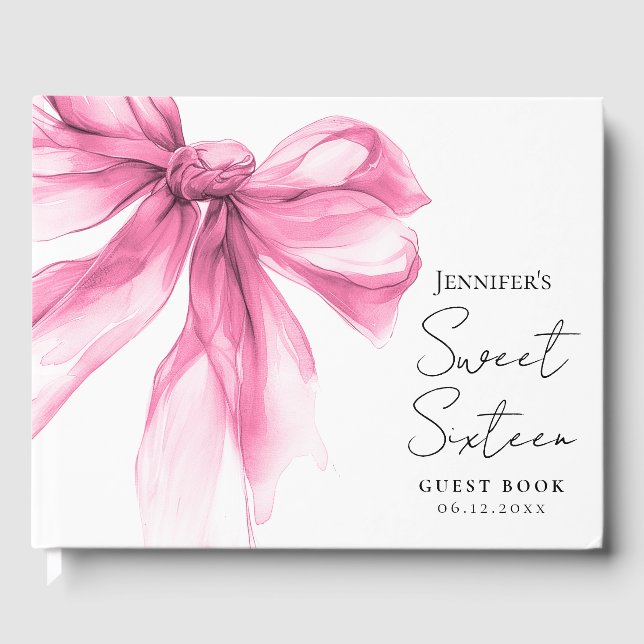 Rosa Bow Coquette Script Sweet 16 Fest  Gästböcker (Framsida)