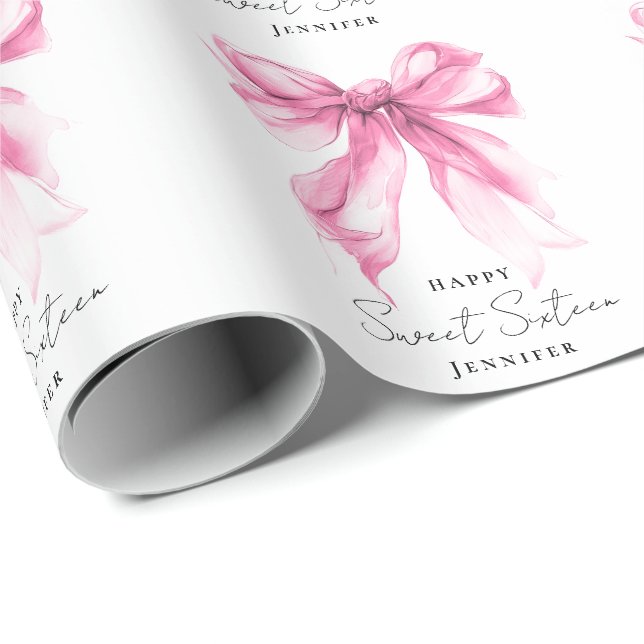 Rosa Bow Coquette Script Sweet 16 Fest Presentpapper (Rullad Hörn)