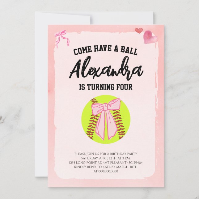 Rosa Bow Coquette Softboll Födelsedagsfest Inbjudningar (Framsida)