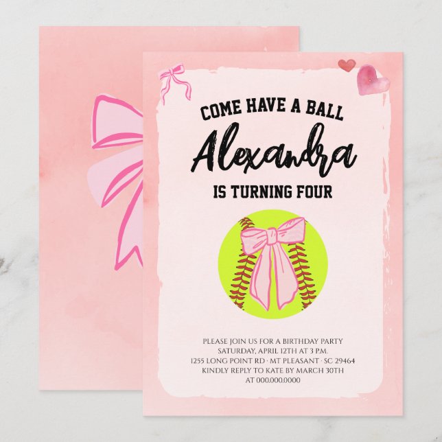 Rosa Bow Coquette Softboll Födelsedagsfest Inbjudningar (Fram/baksida)