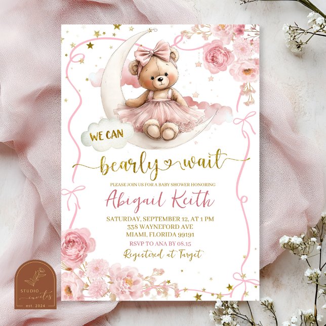 Rosa Bow Coquette vi kan knappt vänta baby shower Inbjudningar (Skapare uppladdad)