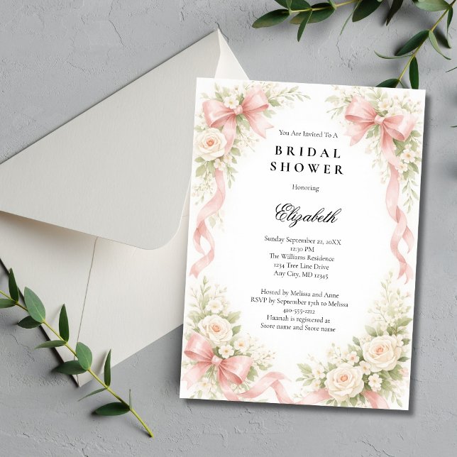 Rosa Bow Coquette Vita Rose Blommor Bröllopsfest Inbjudningar (Pink Coquette Bow, White Roses Florals, Watercolor  Bridal Shower Invitation. Printed or Digital)
