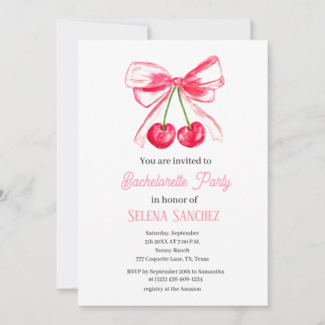 Rosa Bow Coquette Watercolor Bachelorette Party Inbjudningar (Framsida)