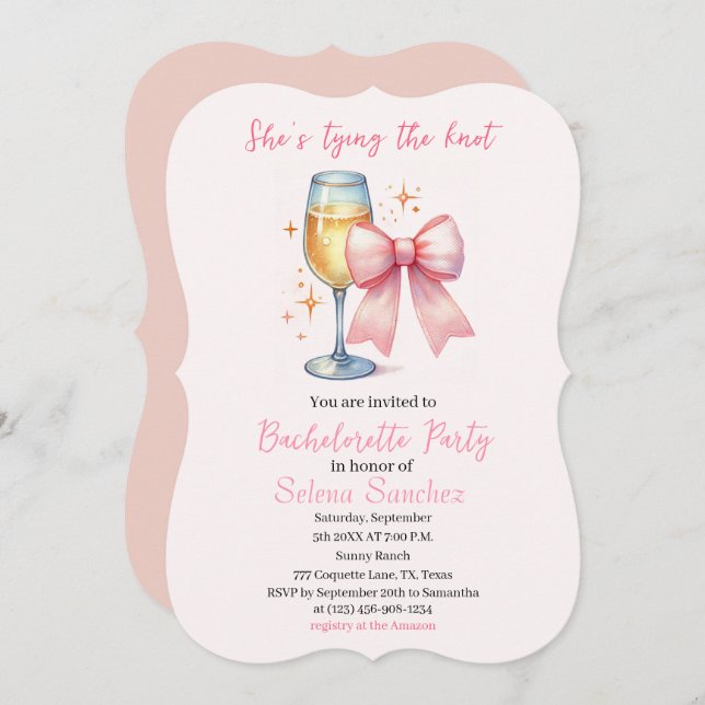 Rosa Bow Coquette Watercolor Bachelorette Party Inbjudningar (Fram/baksida)