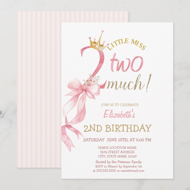 Rosa Bow Crown Blommor Randig 2-årsdag  Inbjudningar (Fram/baksida)