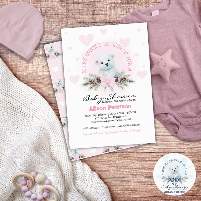 Rosa Bow Cute Bear Unge Winter Girl Baby Shower Inbjudningar (Cute baby girl baby shower invitation for winter)