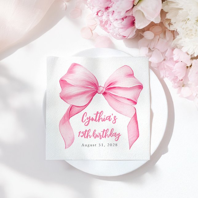 Rosa Bow Cute Birthday Party Pappersservett (Pink Bow Birthday Napkins)