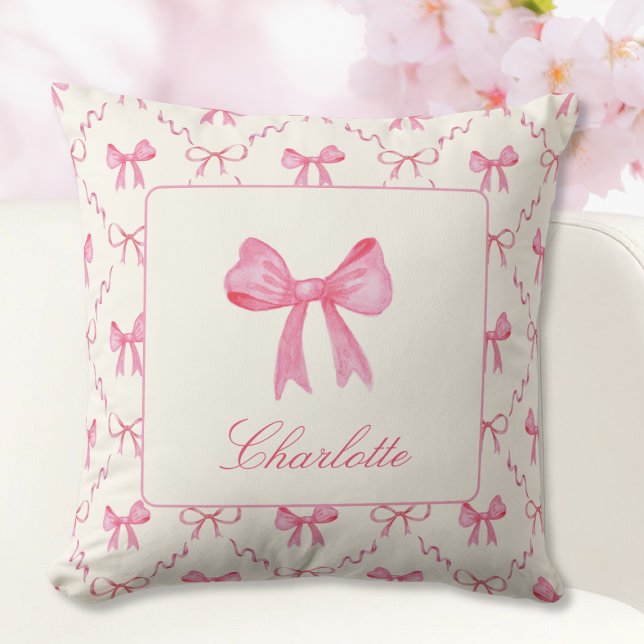 Rosa Bow Dekorativ kudde (sweet pretty girly pink coquette bow pillow with custom name in script calligraphy, gift for girl)