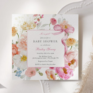 Rosa Bow Det är en flicka Wildblomma Baby Shower Inbjudningar