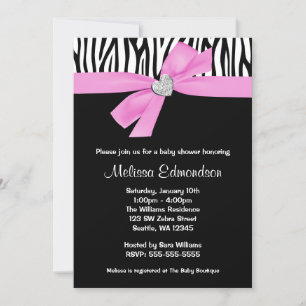 Rosa Bow Diamond Heart Zebra Baby Shower Inbjudningar