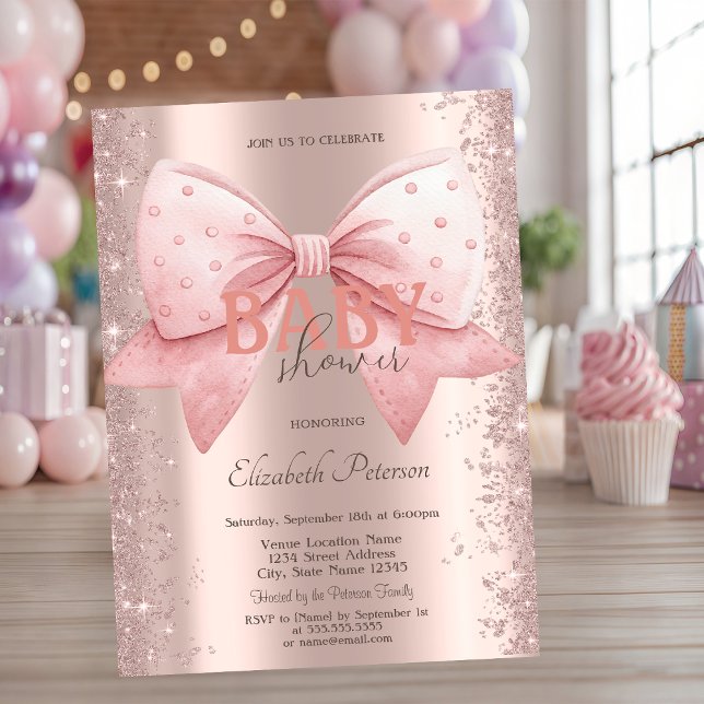 Rosa Bow Diamonds Dust Ro Guld Baby Shower Inbjudningar (Skapare uppladdad)