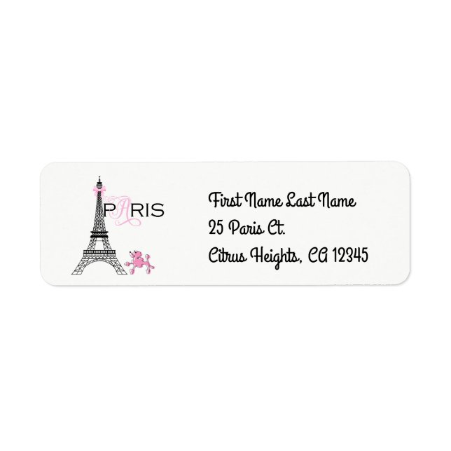 Rosa Bow Eiffel Torn Paris Frankrike Pudel Chic Returadress Etikett (Framsidan)