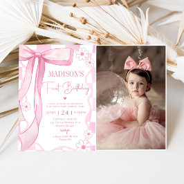 Rosa Bow-Elegant 1:a födelsedagsfoto Inbjudningar