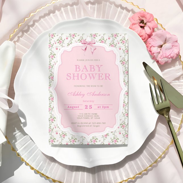 Rosa Bow Elegant Girl Baby Shower QR-kod Inbjudningar (Skapare uppladdad)