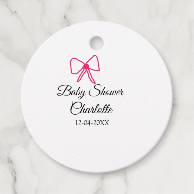ROSA BOW ENMPLE BABY SHOWER ADD NAMN DATE MINIMIMY GÅVOR ETIKETTER (Framsida)