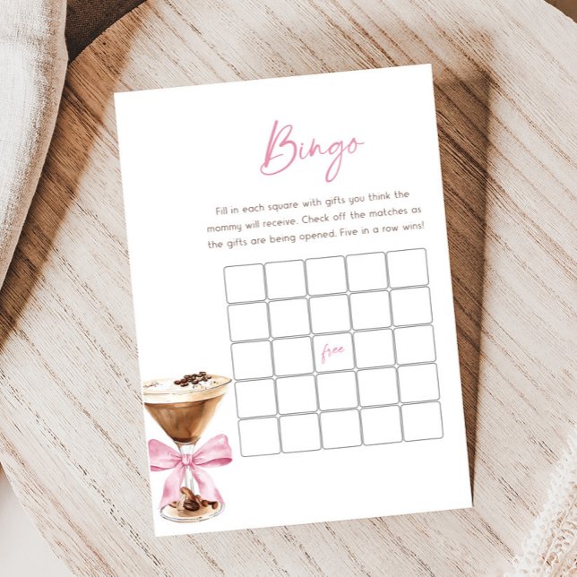 Rosa Bow Espresso Martini Baby Shower Bingo Spel (Espresso Baby Shower Game)