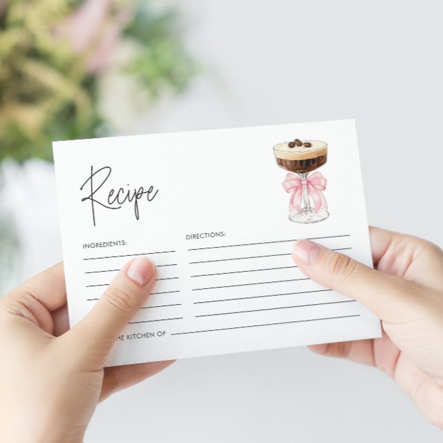 Rosa Bow Espresso Martini Möhippa Recipe Tilläggskort (Pink Bow Espresso Martini Bridal Shower Recipe Enclosure Card)