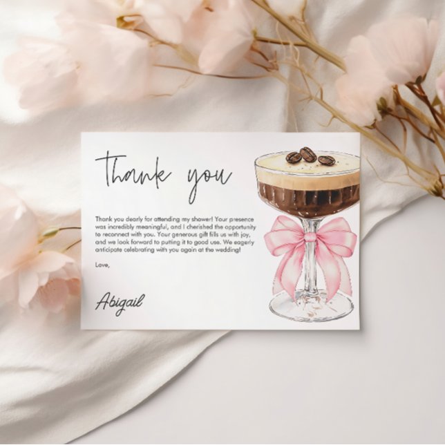 Rosa Bow Espresso Martini Möhippa Tack Tilläggskort (Pink Bow Espresso Martini Bridal Shower Thank You Enclosure Card)