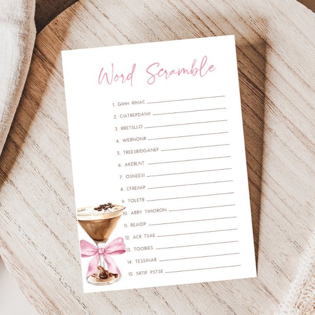 Rosa Bow Espresso Martini Shower Scramble Game (Espresso Baby Shower Game)