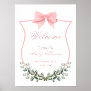 Rosa Bow Eucalyptus Vapensköld Baby Shower Välkomm Poster