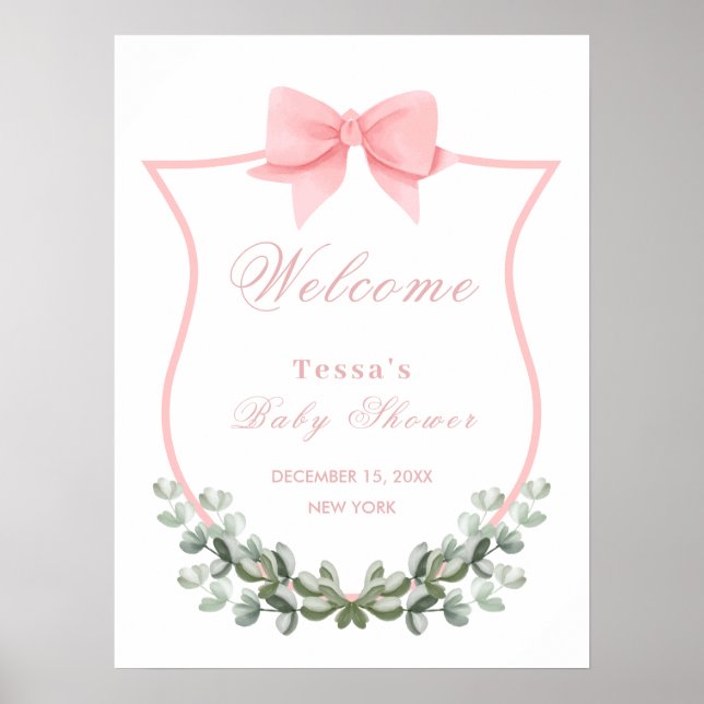 Rosa Bow Eucalyptus Vapensköld Baby Shower Välkomm Poster (Framsidan)