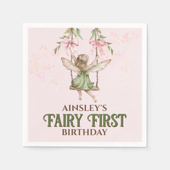 Rosa Bow Fairy First 1st Birthday Personlig Pappersservett (Framsidan)