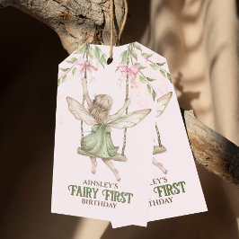 Rosa Bow Fairy First 1st Birthday Personlig Presentetikett