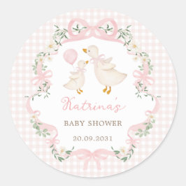 Rosa Bow Fånig Goose Coquette Blommigt Baby Shower Runt Klistermärke