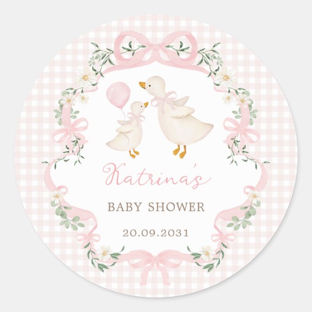 Rosa Bow Fånig Goose Coquette Blommigt Baby Shower Runt Klistermärke (Framsida)
