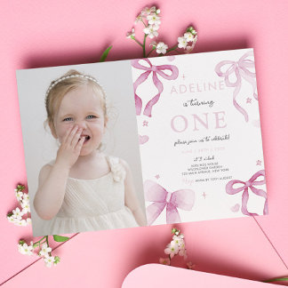 rosa Bow Finare One Cute Photo 1 Inbjudningar