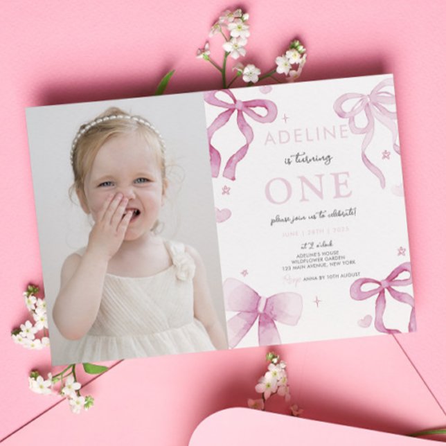 rosa Bow Finare One Cute Photo 1 Inbjudningar (1st Birthday Girl Pink Bow Fancy One Cute Photo Invitation Template Digital Instant Download Cute)