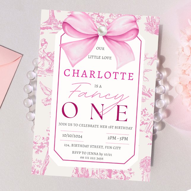 Rosa Bow Finare One Girl Chic Coquette 1:a födelse Inbjudningar (Pink Bow Fancy One Chic Coquette Girl 1st Birthday Invitation)