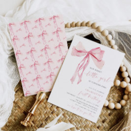 Rosa Bow First Birthday-inbjudan Flicka Coquette Inbjudningar