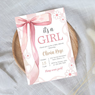Rosa Bow Flicka Shower Inbjudningar