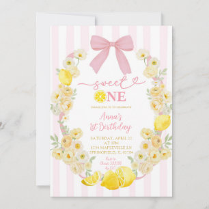 Rosa Bow Floral Citron Söt En 1-års Födelsedagsin Inbjudningar