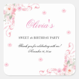  Rosa Bow Flowers Sweet sixteen Birthday Fyrkantigt Klistermärke