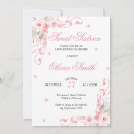  Rosa Bow Flowers Sweet sixteen Birthday Inbjudningar