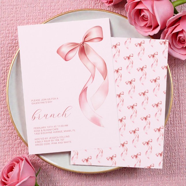 Rosa Bow Friends Valentine Galentine's Day Brunch Inbjudningar (Pink Bow Friends Valentine Galentine’s Day Brunch Invitation)