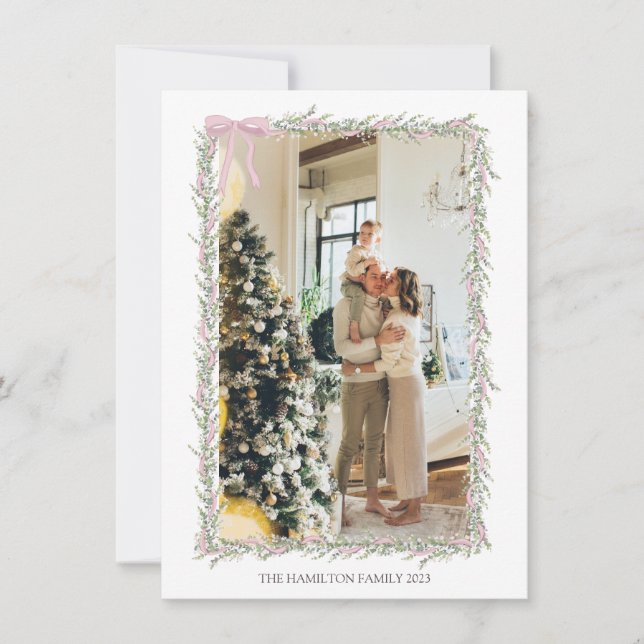 Rosa Bow Garland med Message julfoto Julkort (Framsida)