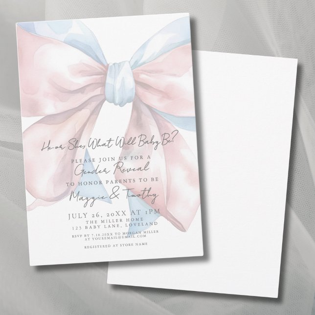 Rosa Bow-Gender - Uppmaning för Visa part Inbjudningar (Pink Blue Bow Gender Reveal Party Invitation)