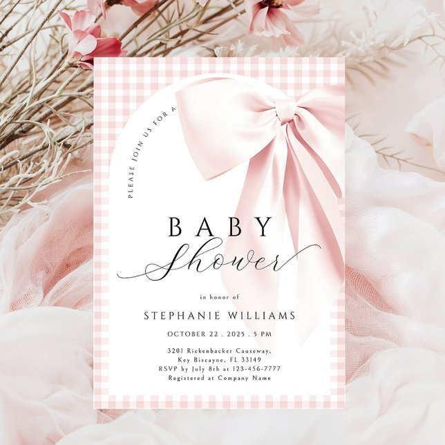 Rosa Bow Gingham Arch Baby Shower-inbjudan Inbjudningar (Skapare uppladdad)