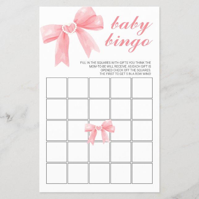 Rosa Bow Gingham Baby Shower Bingo Flygblad (Framsidan)