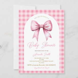 Rosa Bow Gingham Coquette Girl Arch Baby Shower Inbjudningar