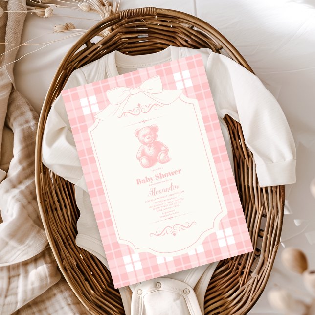 Rosa Bow Gingham Fransk  Nalle Baby Shower Inbjudningar (Skapare uppladdad)